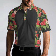 Tropical Roses Pattern Polo Shirt, Black Polo Shirt With Roses, Print Roses Pattern Shirt For Adults - Hyperfavor