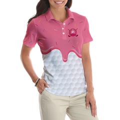 Ice Cream Melting On Golf Ball Cone V2 Golf Short Sleeve Women Polo Shirt, White And Pink Women Golf Shirt - Hyperfavor