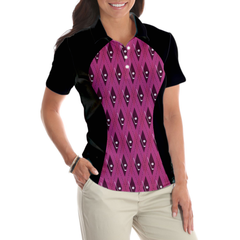 Pink Argyle Thinning Layout For Lady Golfer Golf Short Sleeve Women Polo Shirt, Black And Pink Golf Shirt For Ladies - Hyperfavor