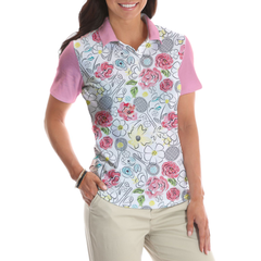 Lovely Pink Floral Tennis Pattern Short Sleeve Women Polo Shirt - Hyperfavor