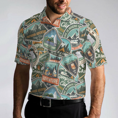 Summer Camp Adventure Sticker Pattern Polo Shirt, Camping Sticker And Badge Polo Shirt, Camping Shirt For Men - Hyperfavor