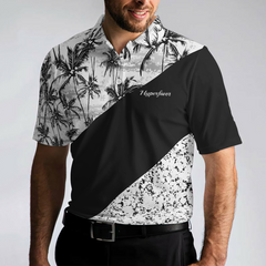 Monochrome Tropical Pattern Polo Shirt, Black And White Tropical Themed Polo Shirt Design, Summer Vibe Shirt - Hyperfavor