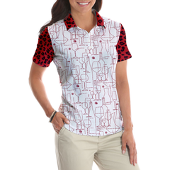 Red Wine And Leopard Pattern Drink Short Sleeve Women Polo Shirt, Wine Drinking Icon Polo Shirt For Ladies - Hyperfavor