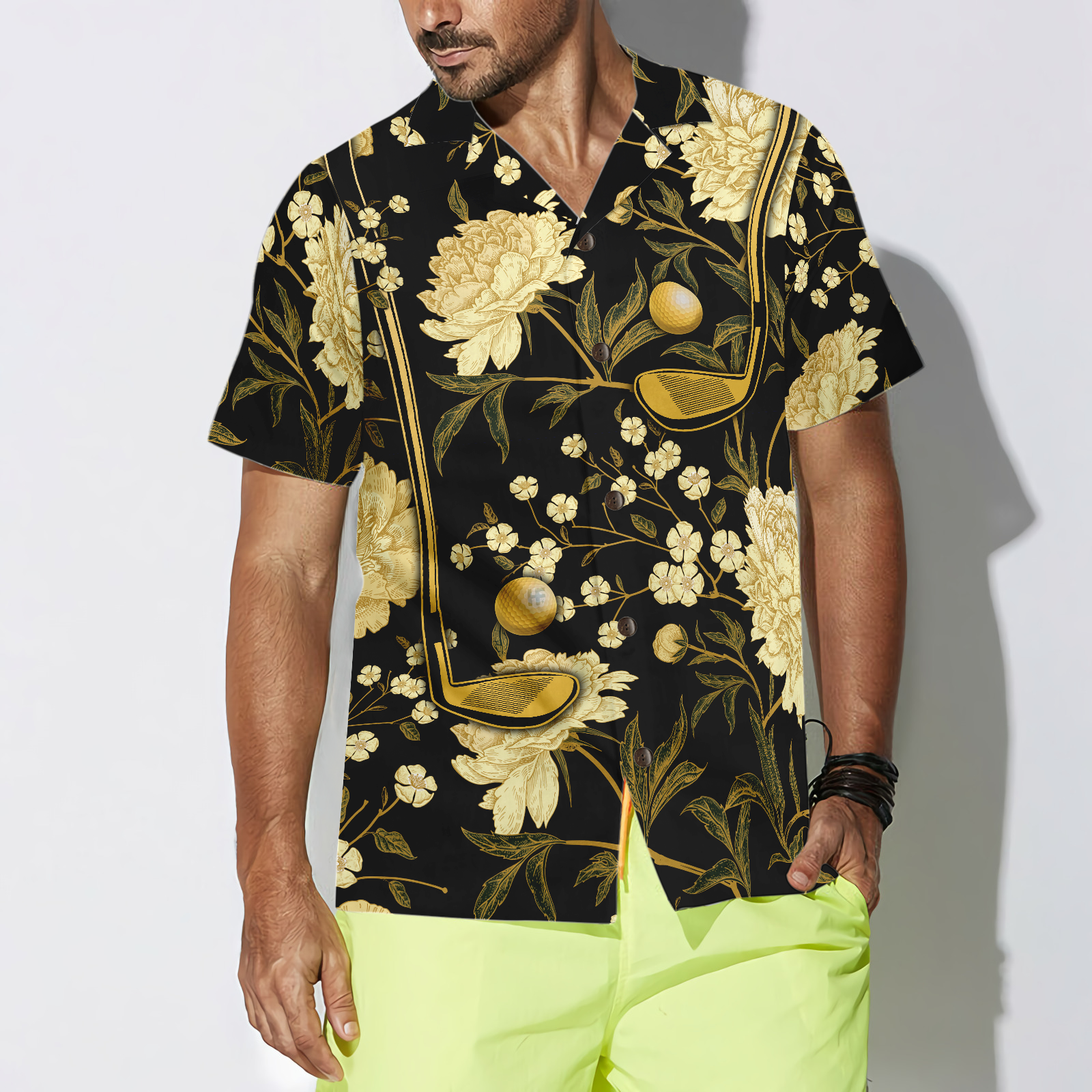 Luxury Black And Gold Floral Golf Club And Ball Hawaiian Shirt - Hyperfavor