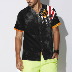 Firefighter Golden Skull And Ripped American Flag Firefighter Hawaiian Shirt, Black And Gold Firefighter Shirt For Men - Hyperfavor