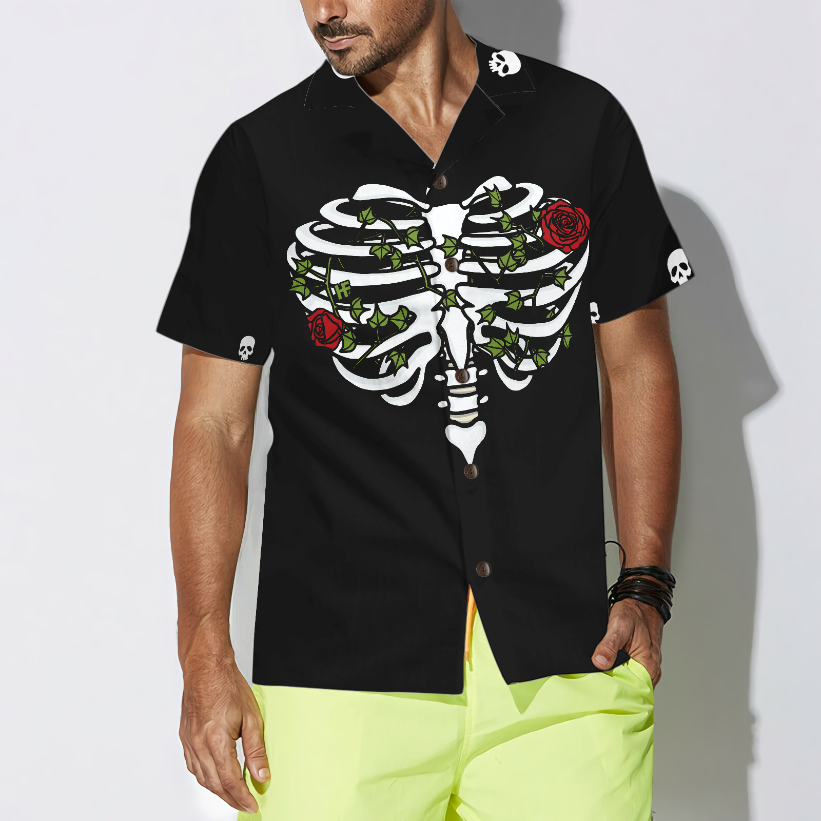Rib Cage Heart Style With Rose Goth Hawaiian Shirt - Hyperfavor