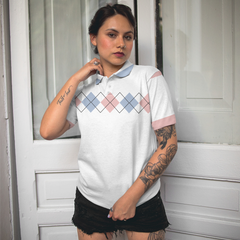 Pink Blue And Black Argyle Golf Short Sleeve Women Polo Shirt - Hyperfavor
