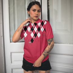 Tennis Shirt With Argyle Pattern Short Sleeve Women Polo Shirt - Hyperfavor