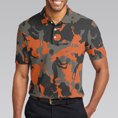 Orange Camouflage Tennis Polo Shirt, Tennis Player Silhouette Pattern Polo Shirt, Camo Golf Shirt For Men - Hyperfavor
