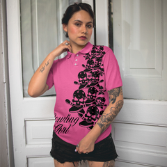 Bowling Girl Skull Short Sleeve Women Polo Shirt, Pink Skull Pattern Bowling Shirt For Female Players - Hyperfavor