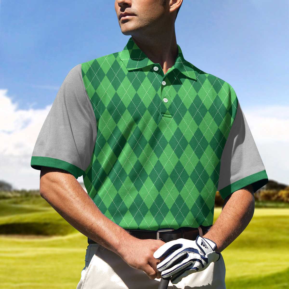 19th Hole Custom Polo Shirt, Green Argyle Pattern Golf Shirt For Men, Personalized Golf Gift For Golfers
