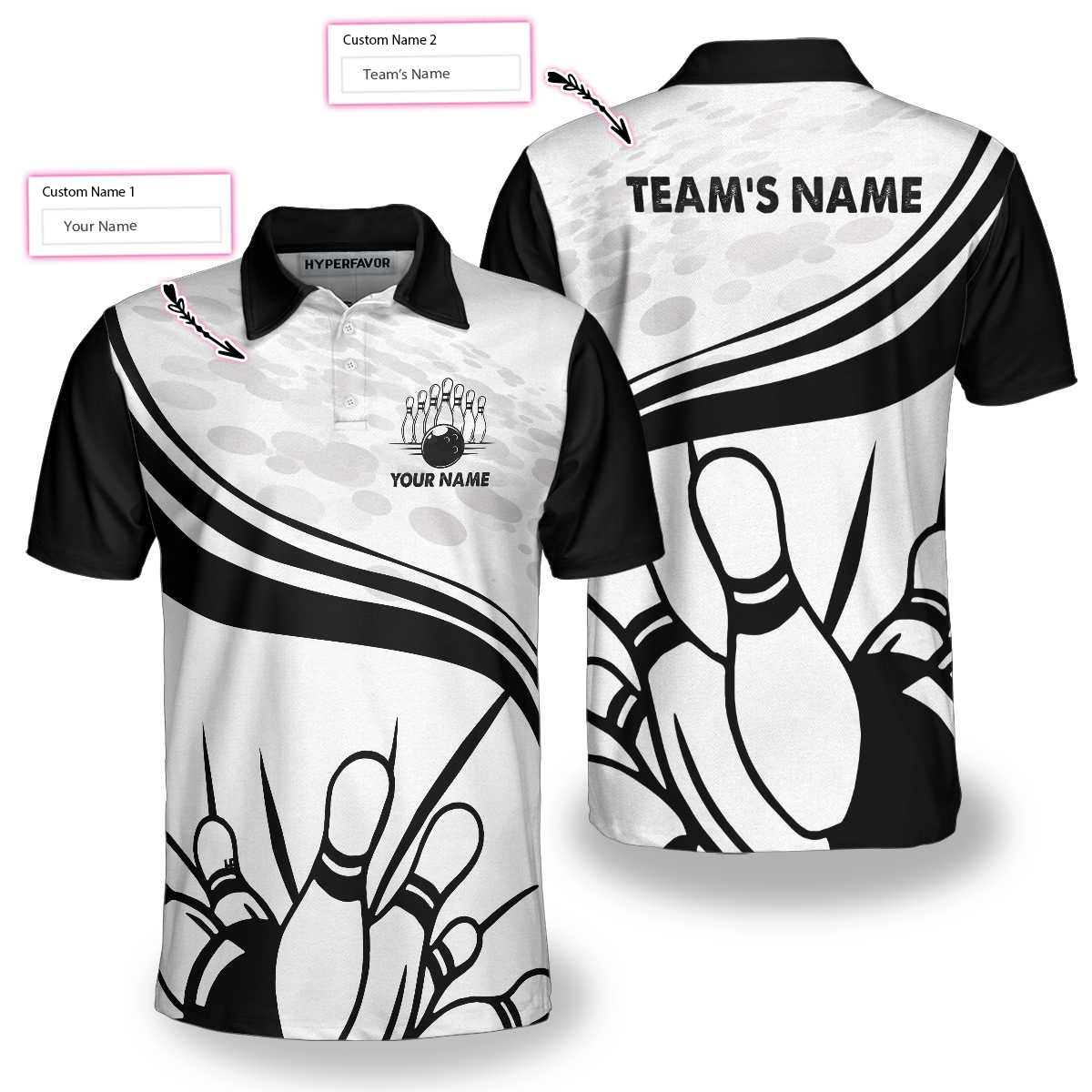 Personalized Bowling In Black Custom Polo Shirt, Black And White Custom Bowling Shirt For Bowling Players - Hyperfavor