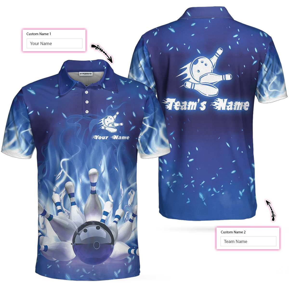 Bowling On Blue Fire Custom Polo Shirt, Blue Custom Bowling Shirt For Adults, Personalized Bowling Gift - Hyperfavor