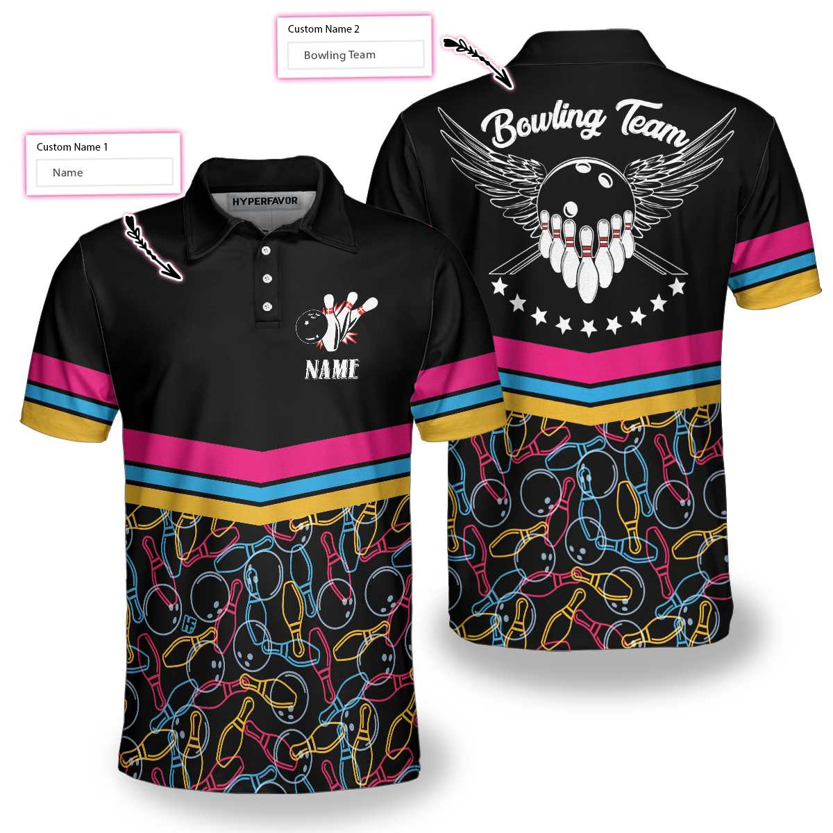 Personalized Bowling Custom Polo Shirt, Colorful Pins Bowling Shirt For Men, Gift For Bowling Lovers