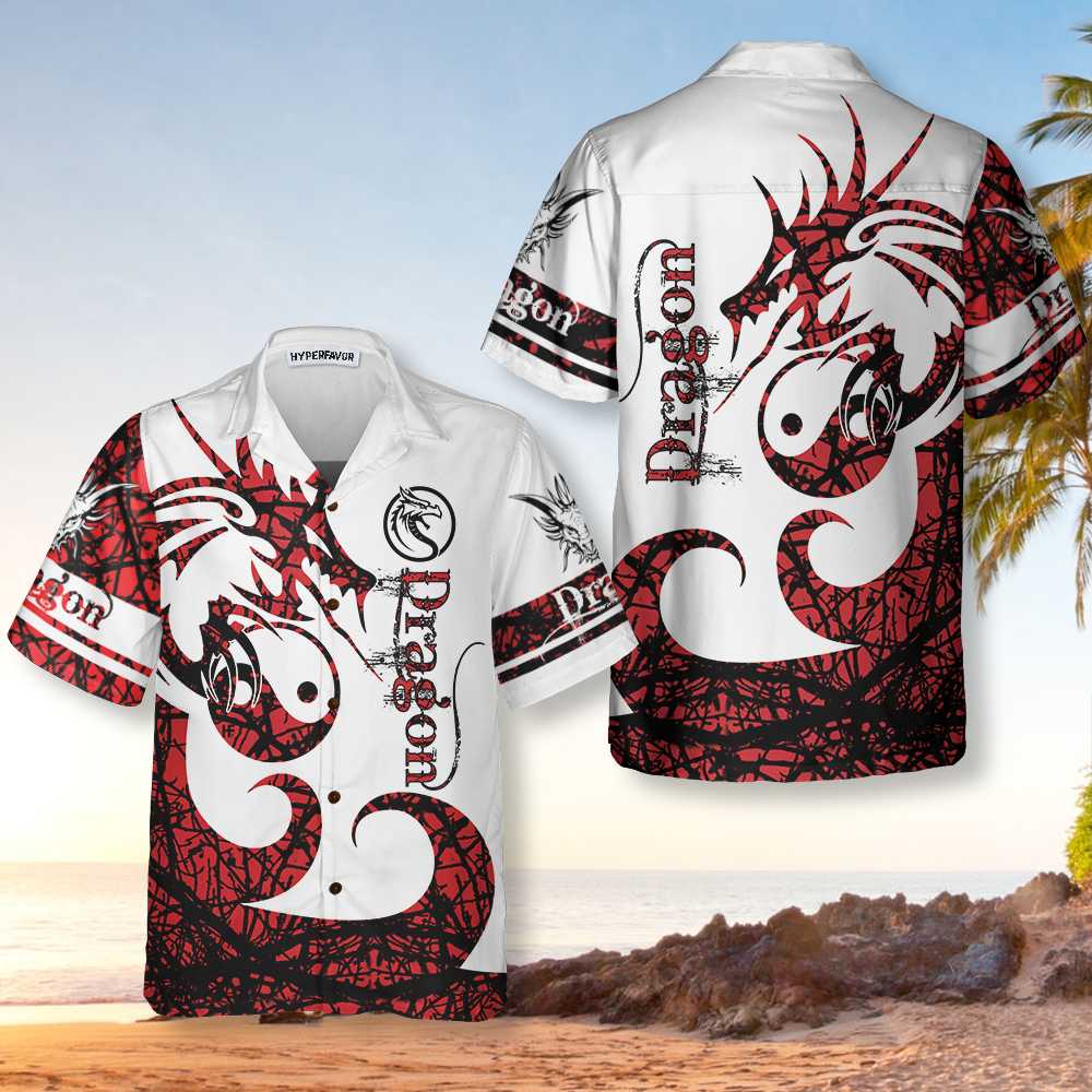 3D Dungeon Dragon Tattoo Hawaiian Shirt, White And Red Chinese Dragon Shirt