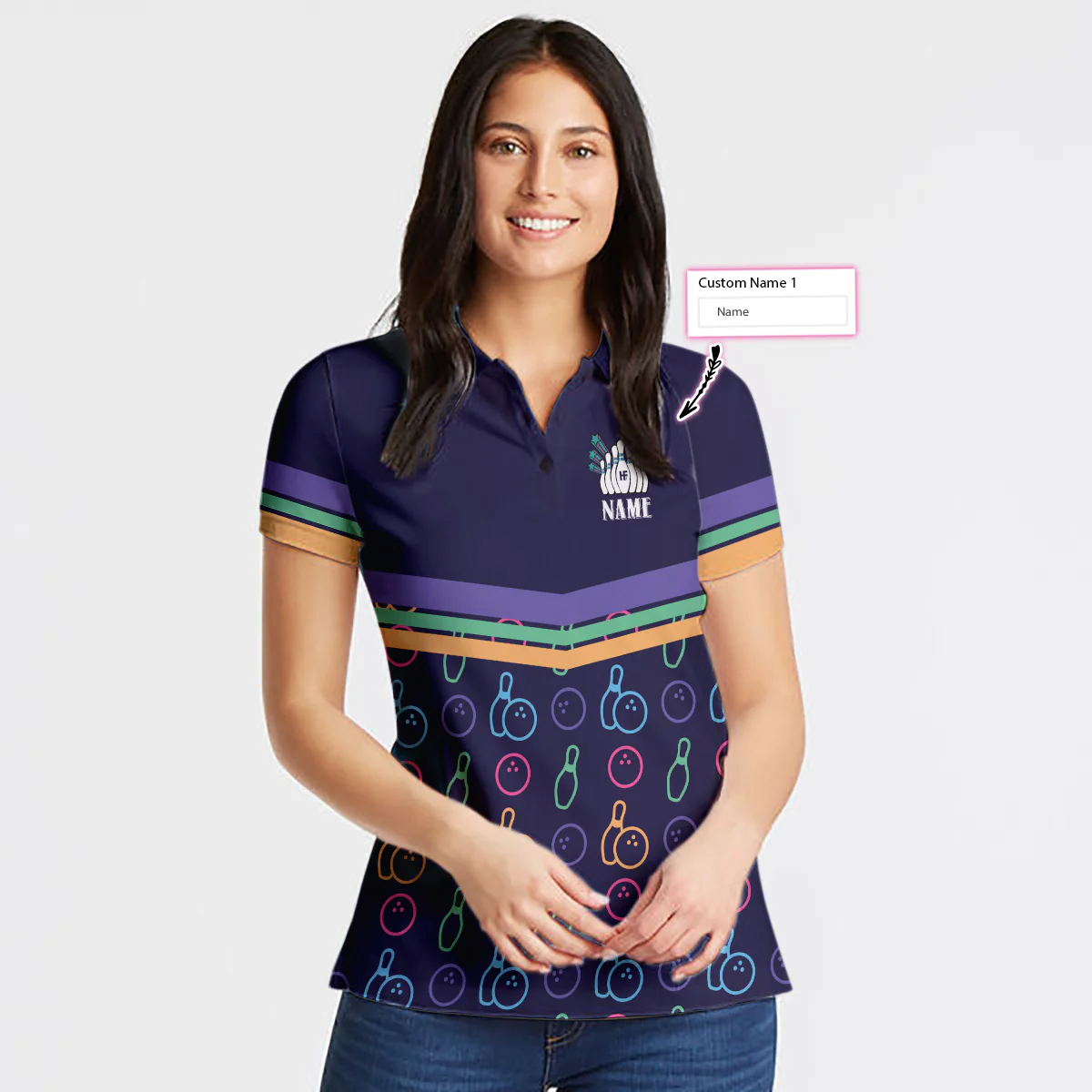 Colorful Bowling Pattern Custom Short Sleeve Woman Polo Shirt, Personalized Bowling Themed Shirt For Ladies, Cool Gift For Bowlers - Hyperfavor