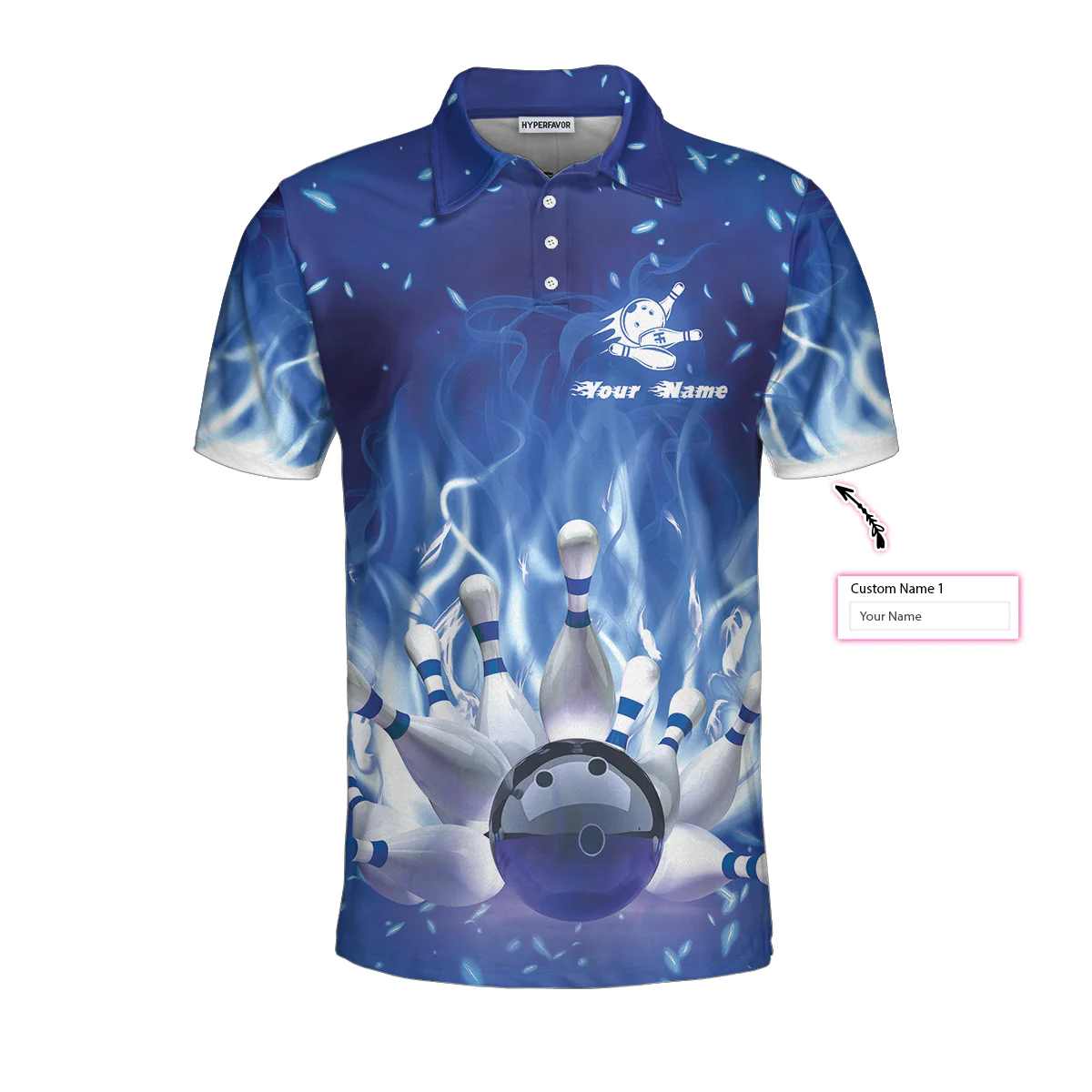 Bowling On Blue Fire Custom Polo Shirt, Blue Custom Bowling Shirt For Adults, Personalized Bowling Gift - Hyperfavor