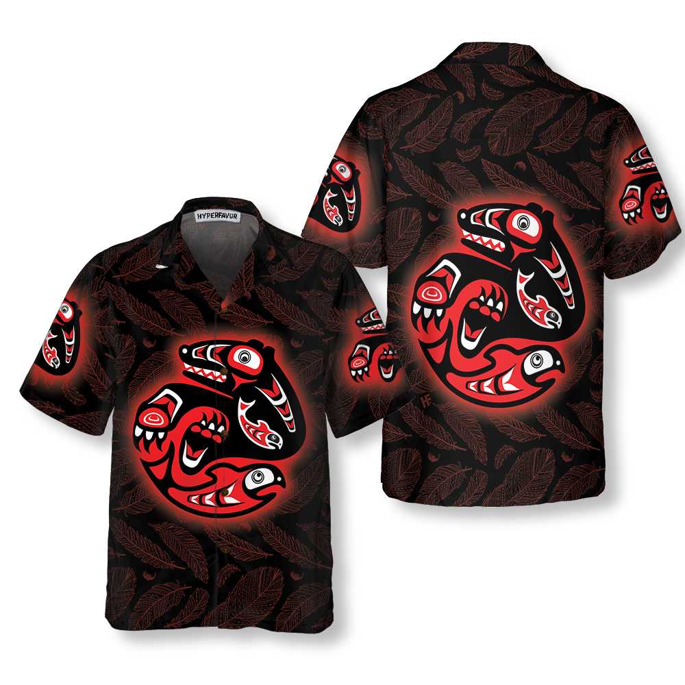 Bear Catching Salmon Native American Hawaiian Shirt, Feather Seamless Pattern American Indian Shirt