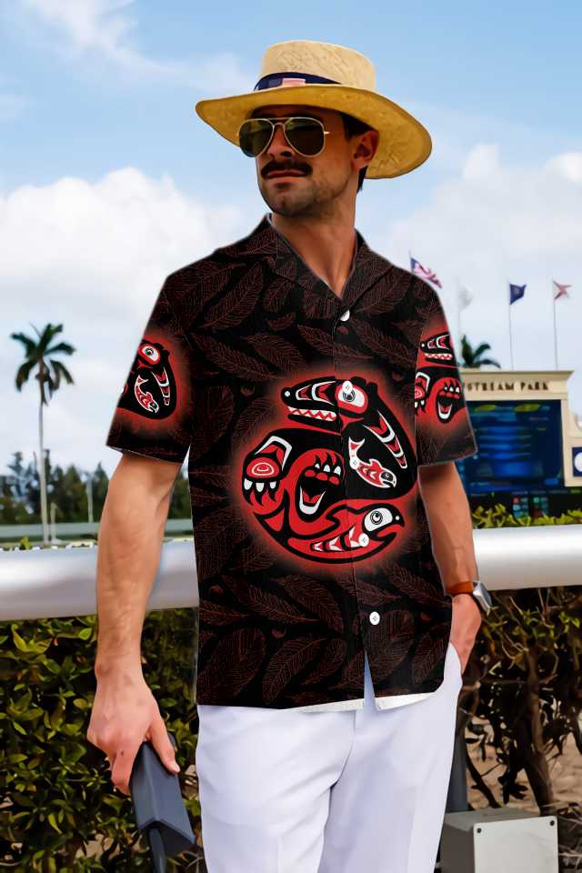 Bear Catching Salmon Native American Hawaiian Shirt, Feather Seamless Pattern American Indian Shirt