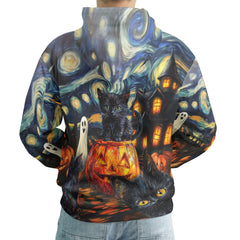 Black Cat Halloween Style Van Gogh Hoodie - HYPERFAVOR