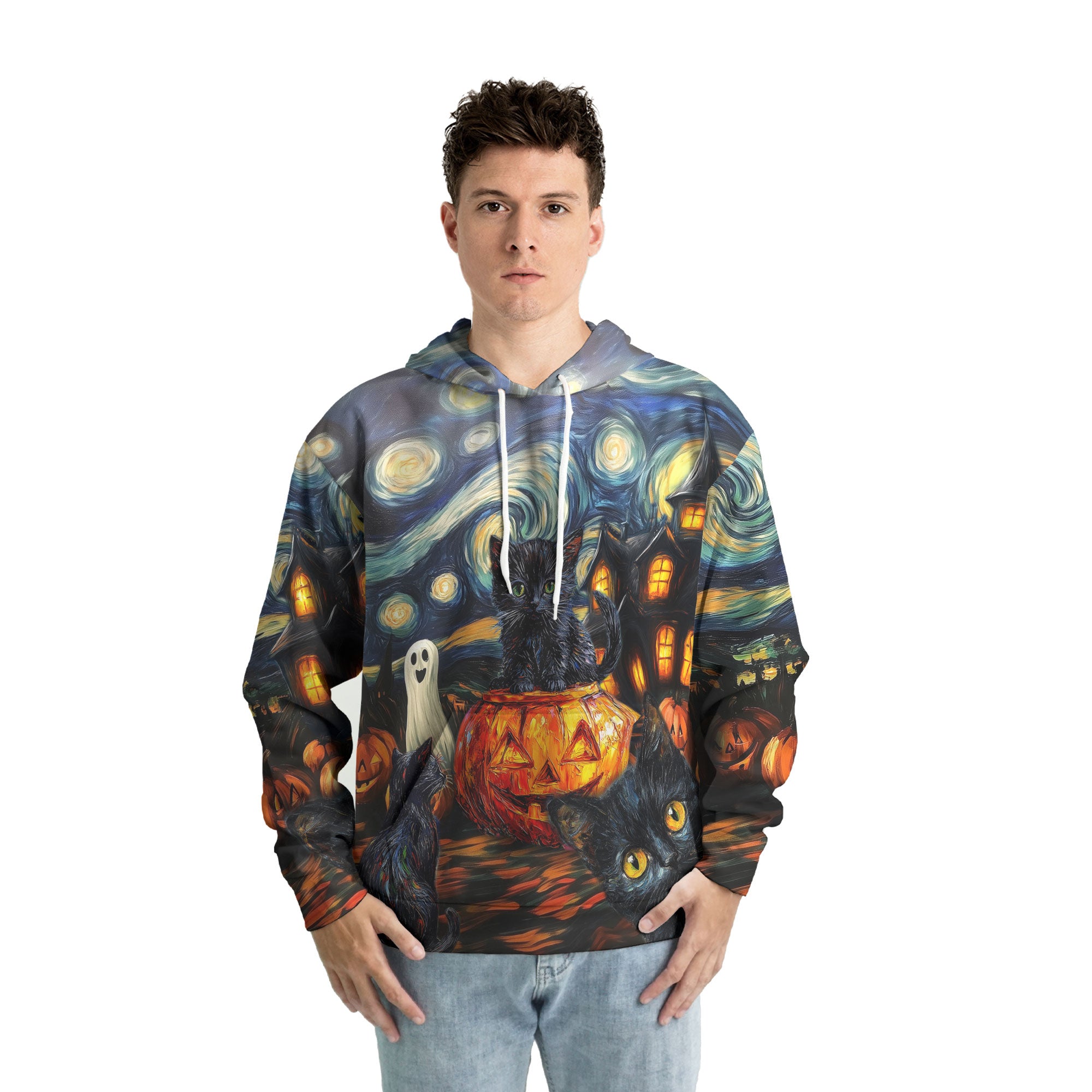 Black Cat Halloween Style Van Gogh Hoodie - HYPERFAVOR