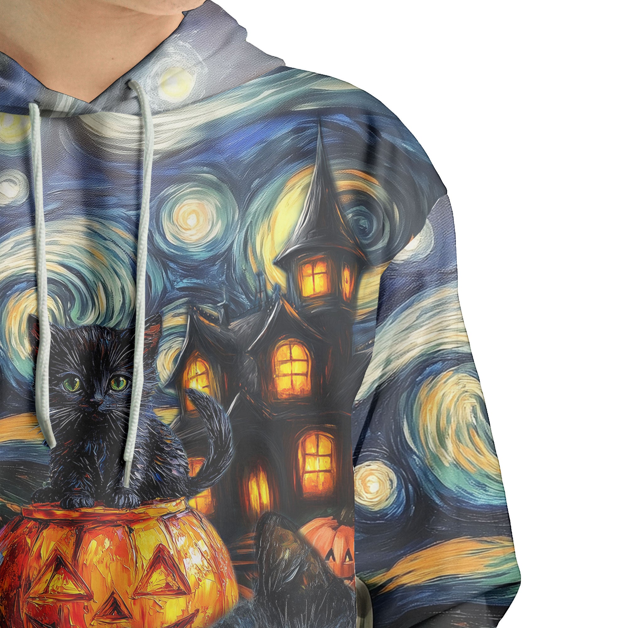 Black Cat Halloween Style Van Gogh Hoodie - HYPERFAVOR