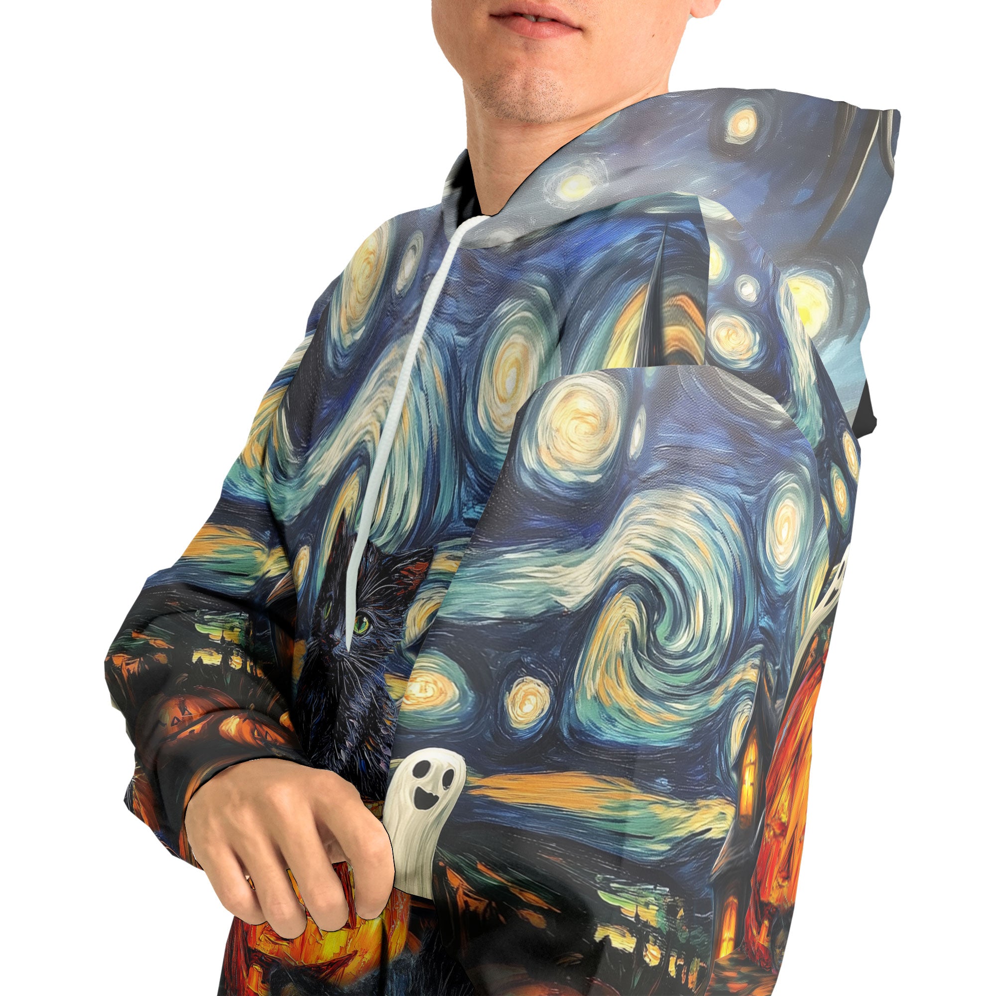 Black Cat Halloween Style Van Gogh Hoodie - HYPERFAVOR