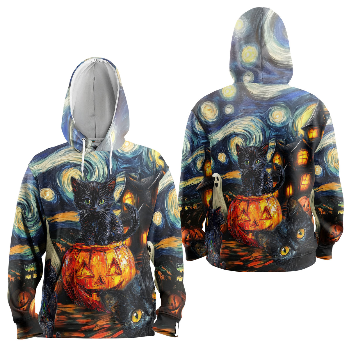 Black Cat Halloween Style Van Gogh Hoodie - HYPERFAVOR