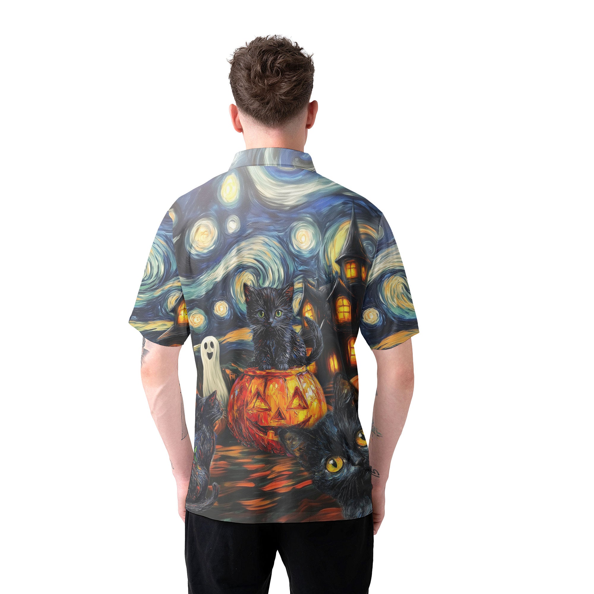 Black Cat Halloween Style Van Gogh Polo Shirt - HYPERFAVOR