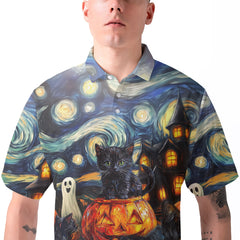 Black Cat Halloween Style Van Gogh Polo Shirt - HYPERFAVOR