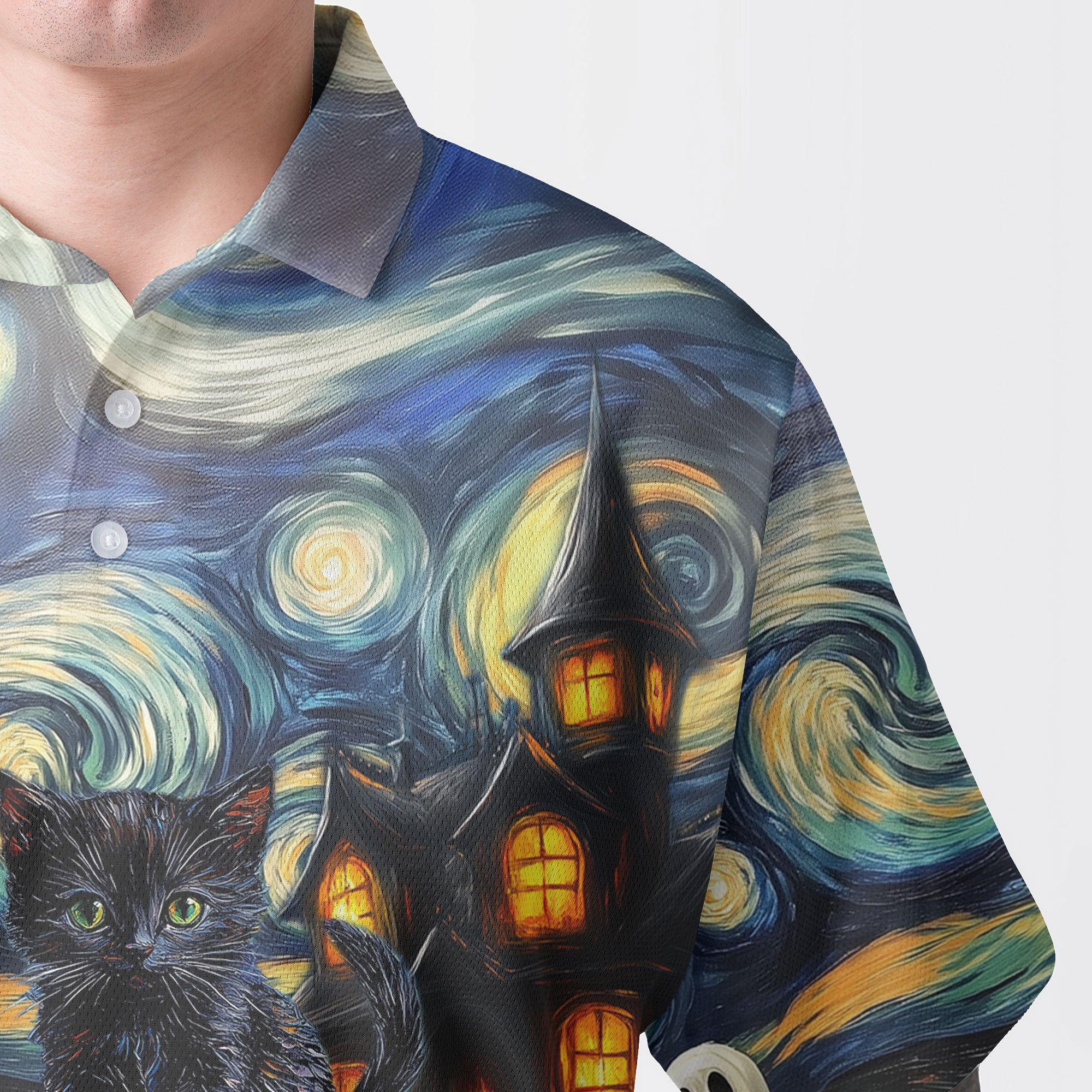 Black Cat Halloween Style Van Gogh Polo Shirt - HYPERFAVOR