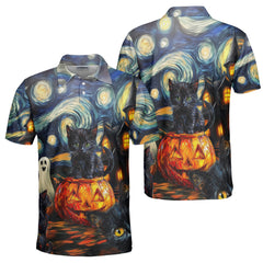 Black Cat Halloween Style Van Gogh Polo Shirt - HYPERFAVOR