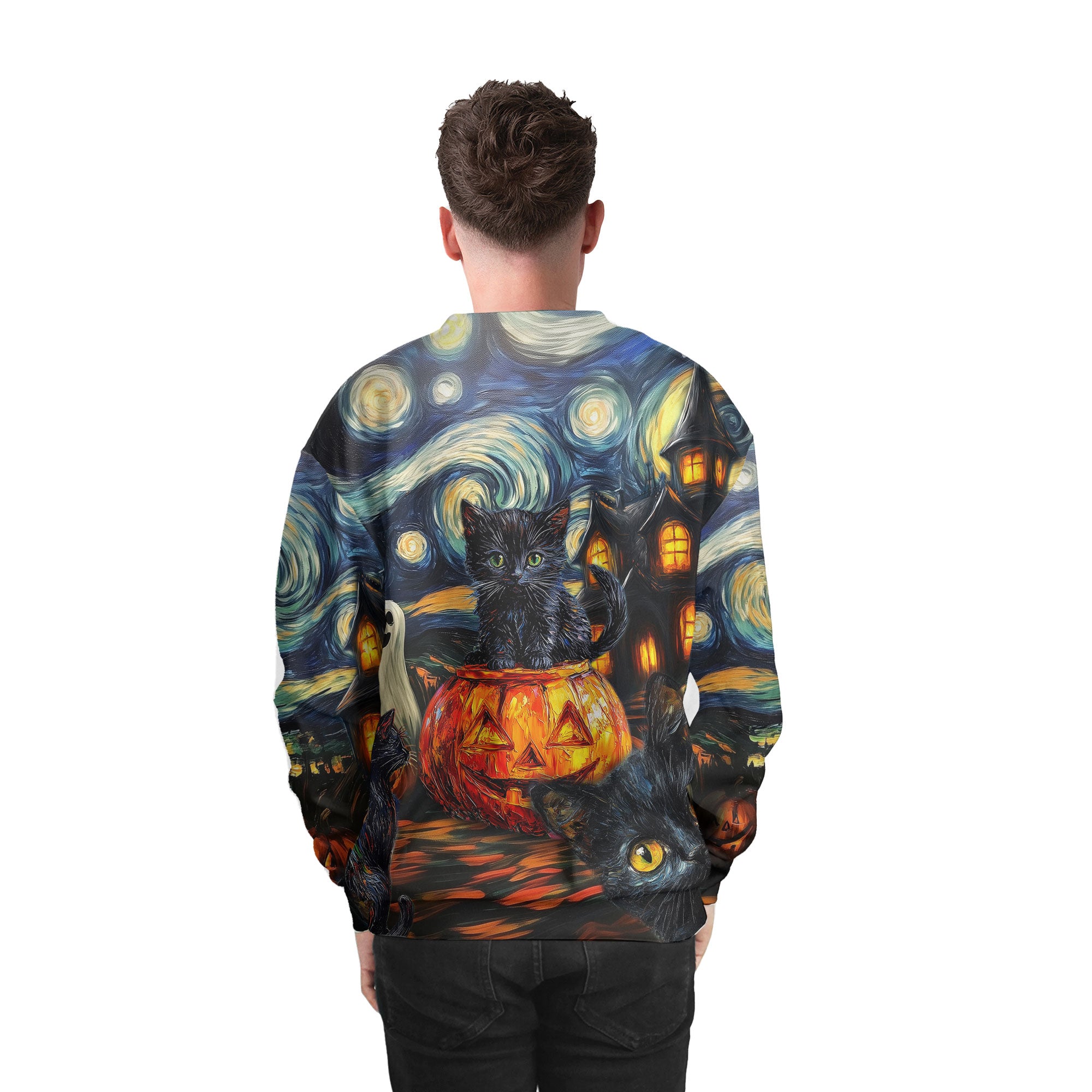 Black Cat Halloween Style Van Gogh Sweatshirt - HYPERFAVOR