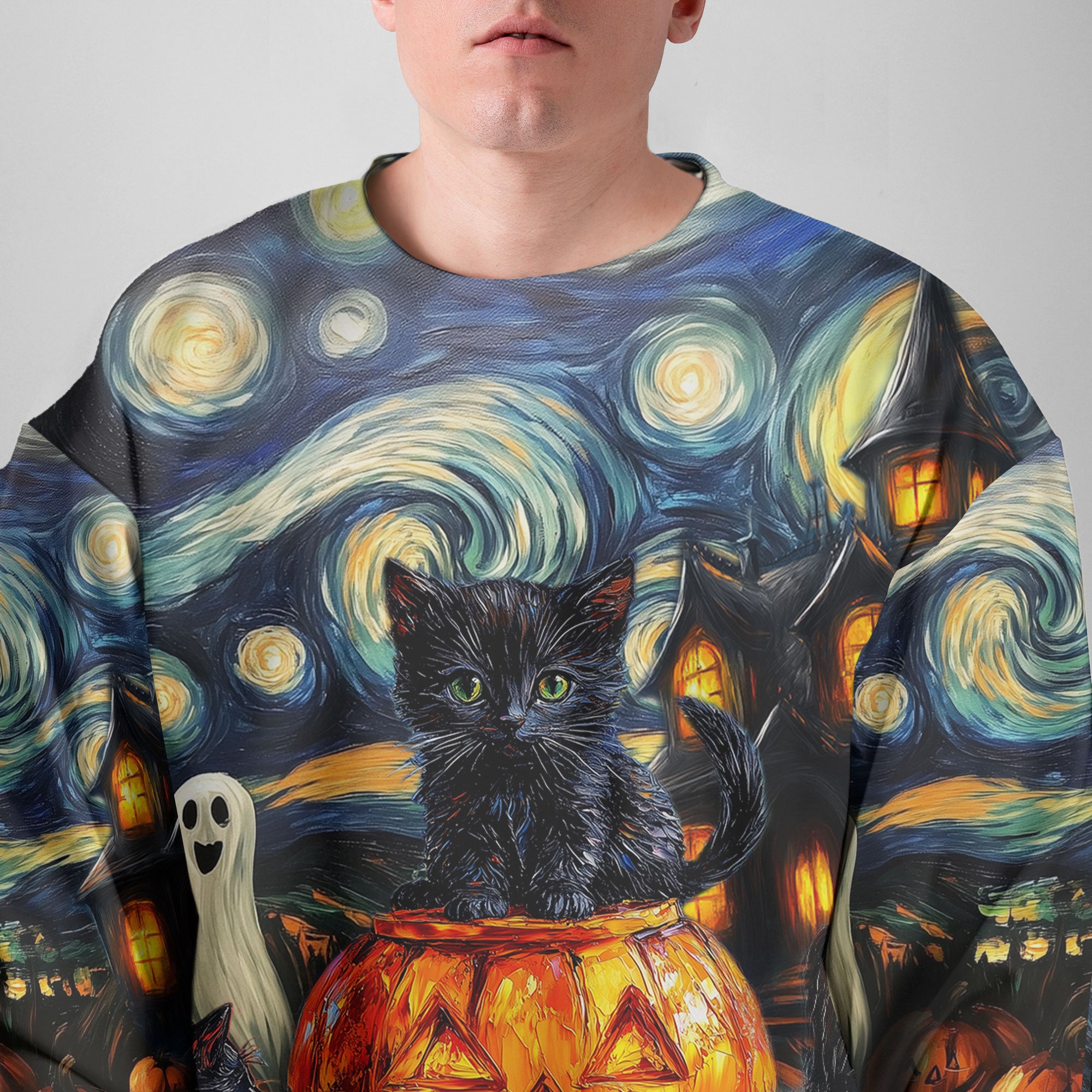 Black Cat Halloween Style Van Gogh Sweatshirt - HYPERFAVOR