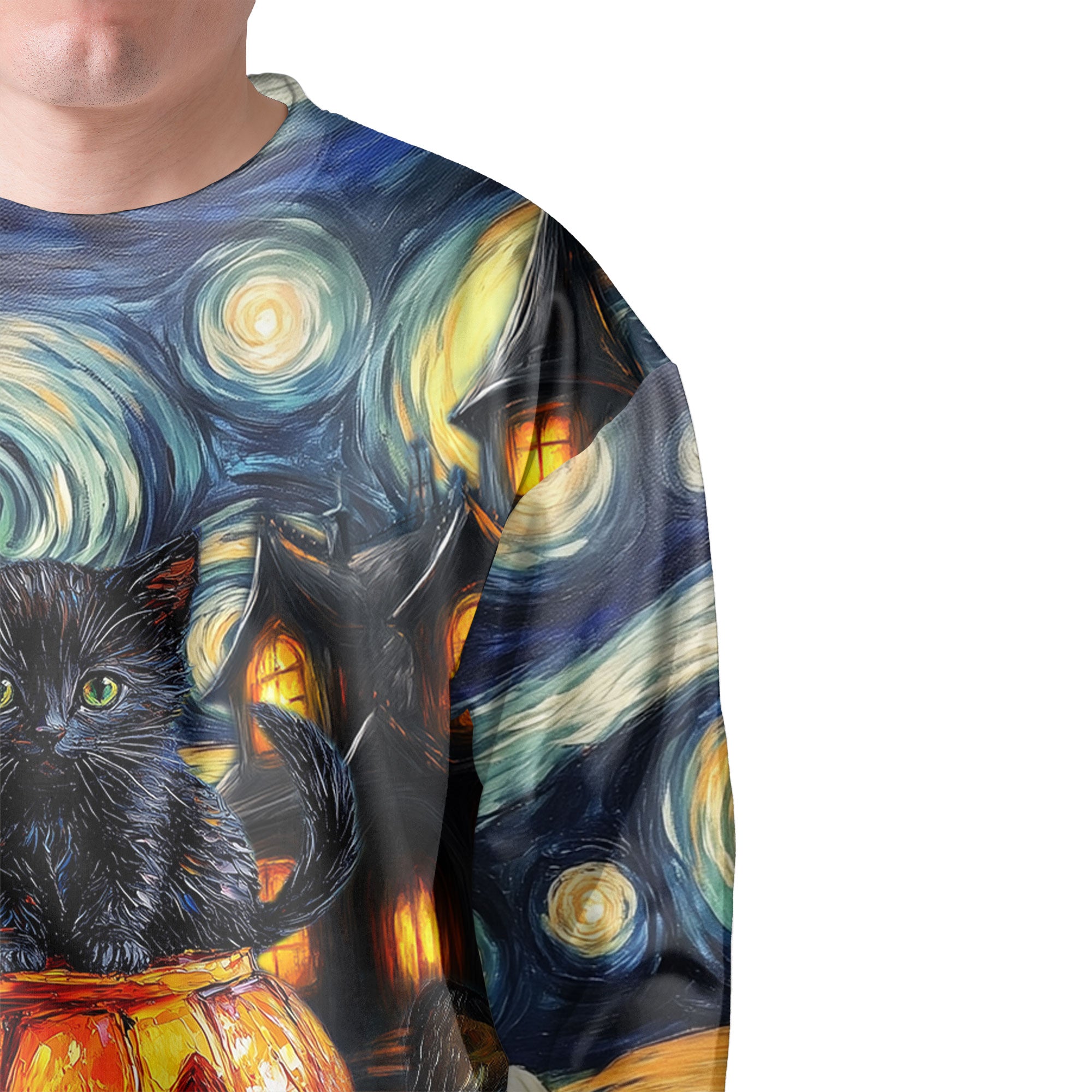 Black Cat Halloween Style Van Gogh Sweatshirt - HYPERFAVOR