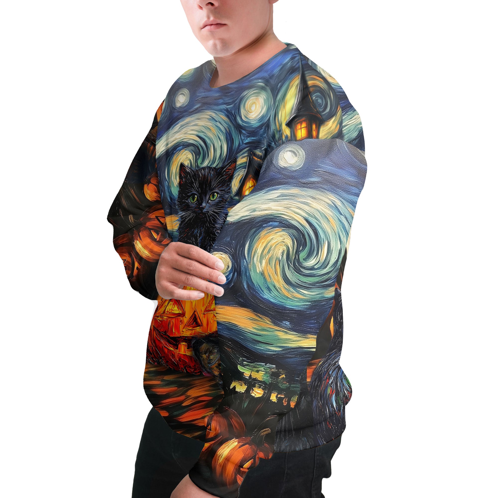 Black Cat Halloween Style Van Gogh Sweatshirt - HYPERFAVOR