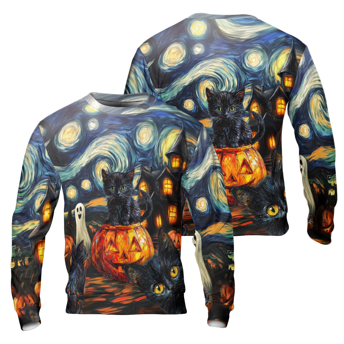 Black Cat Halloween Style Van Gogh Sweatshirt - HYPERFAVOR