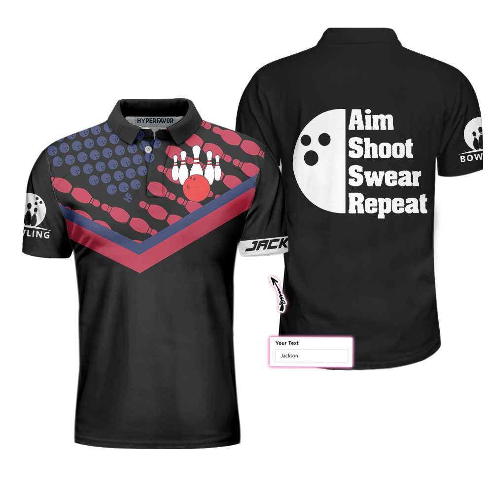 Bowling Aim Shoot Swear Repeat Custom Polo Shirt, Customized Bowling Shirt For Bowlers, Tenpin Bowling Shirt