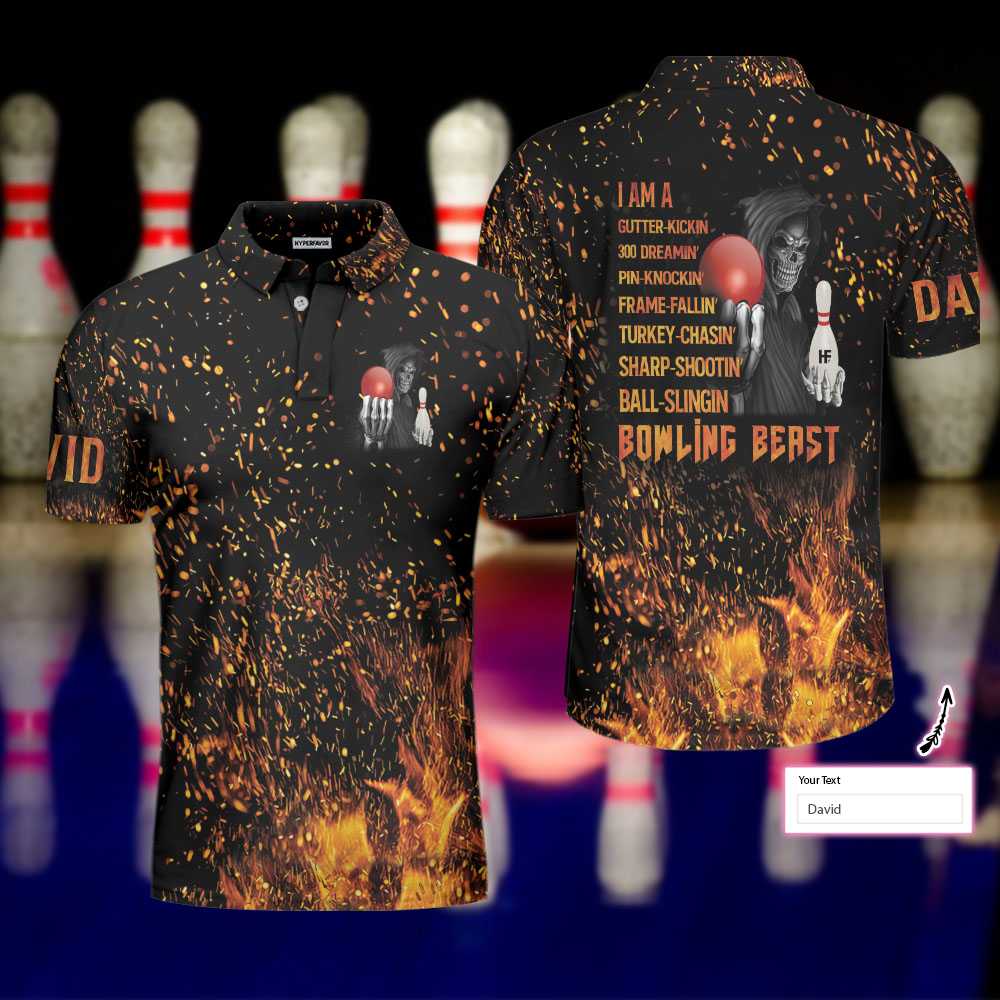 Bowling Beast Custom Polo Shirt, Flame Pattern Bowling Shirt For Men, Personalized Bowling Gift Idea