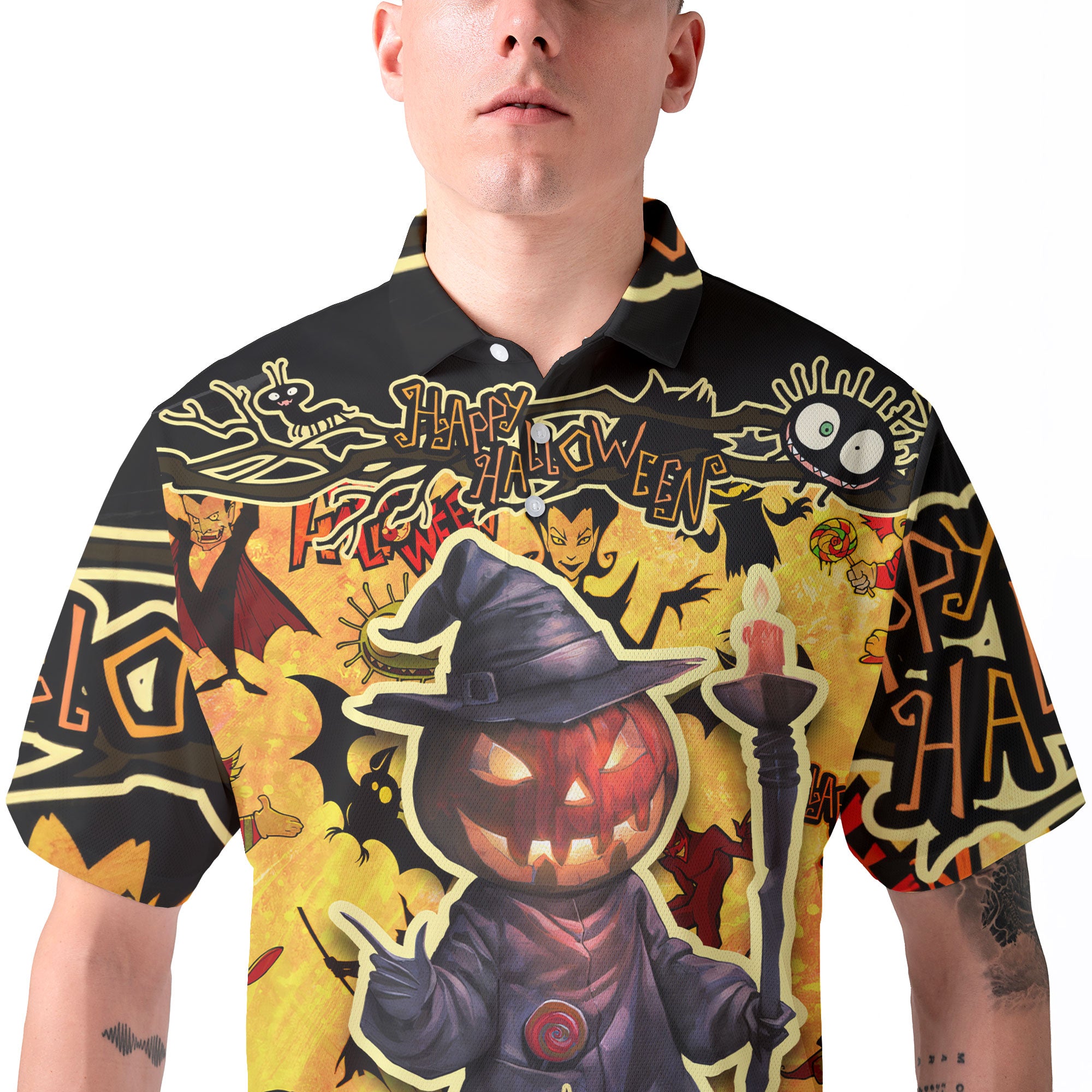 Cartoon Halloween Illustration Pumpkin Wizard Polo Shirt - HYPERFAVOR