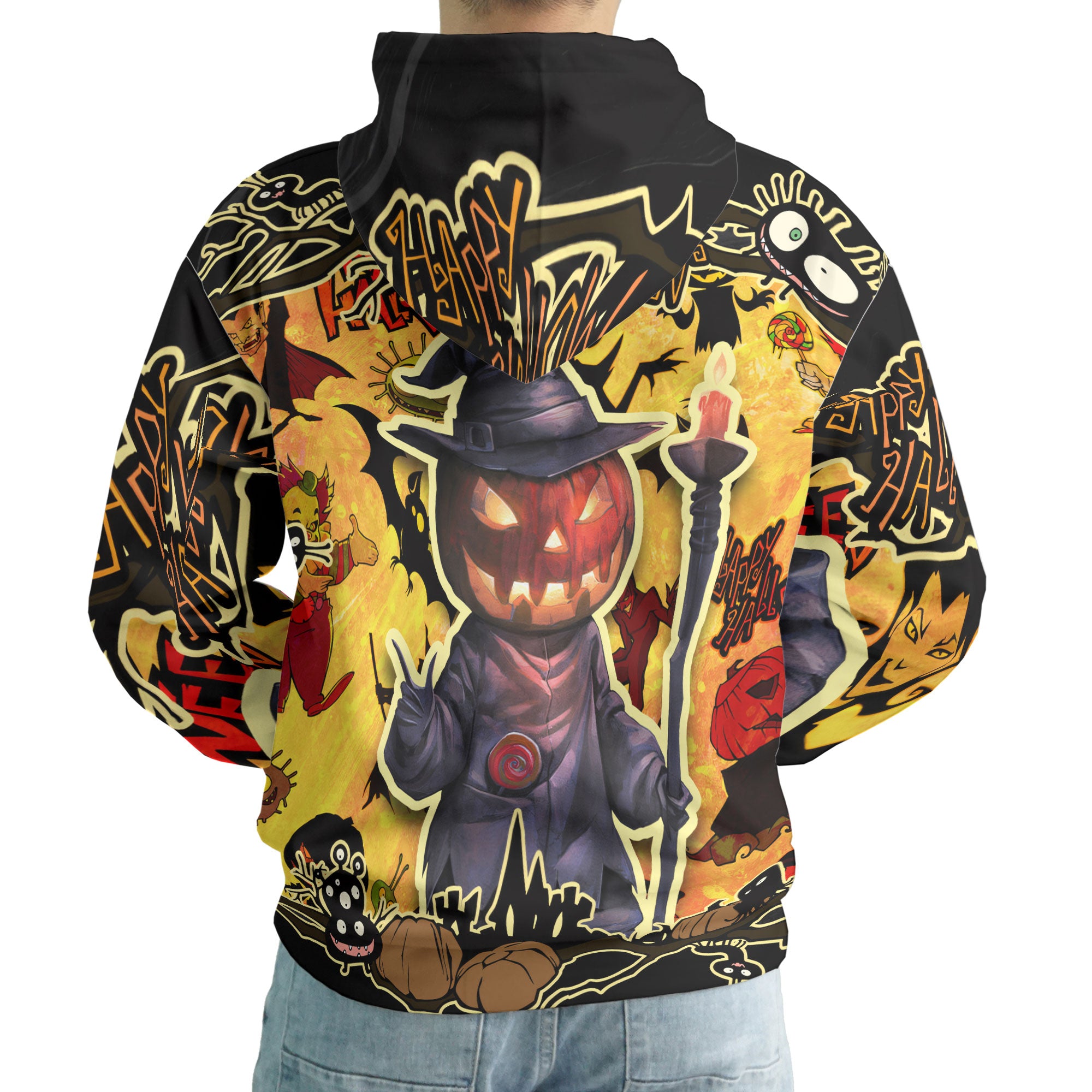 Cartoon Halloween Illustration Pumpkin Wizard Hoodie - HYPERFAVOR