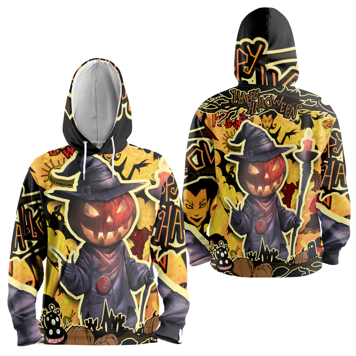 Cartoon Halloween Illustration Pumpkin Wizard Hoodie - HYPERFAVOR