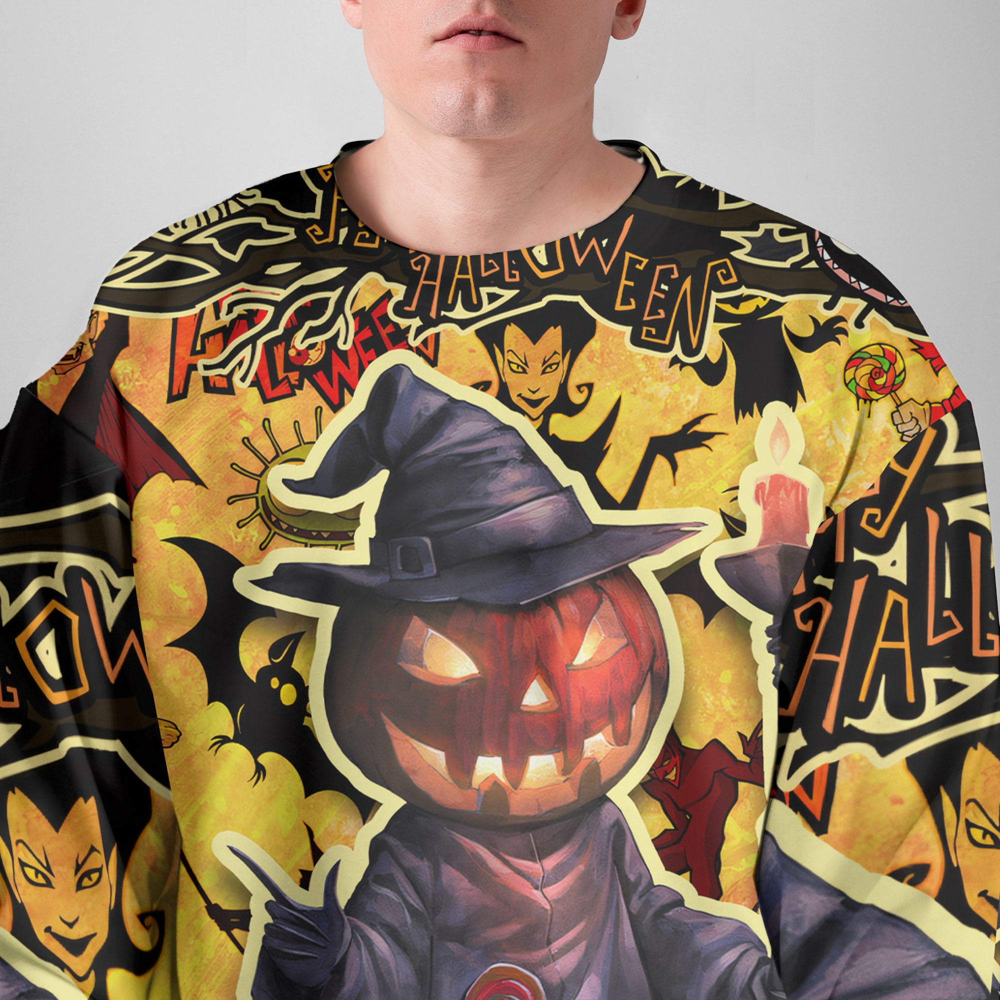 Cartoon Halloween Illustration Pumpkin Wizard Sweatshirt - HYPERFAVOR