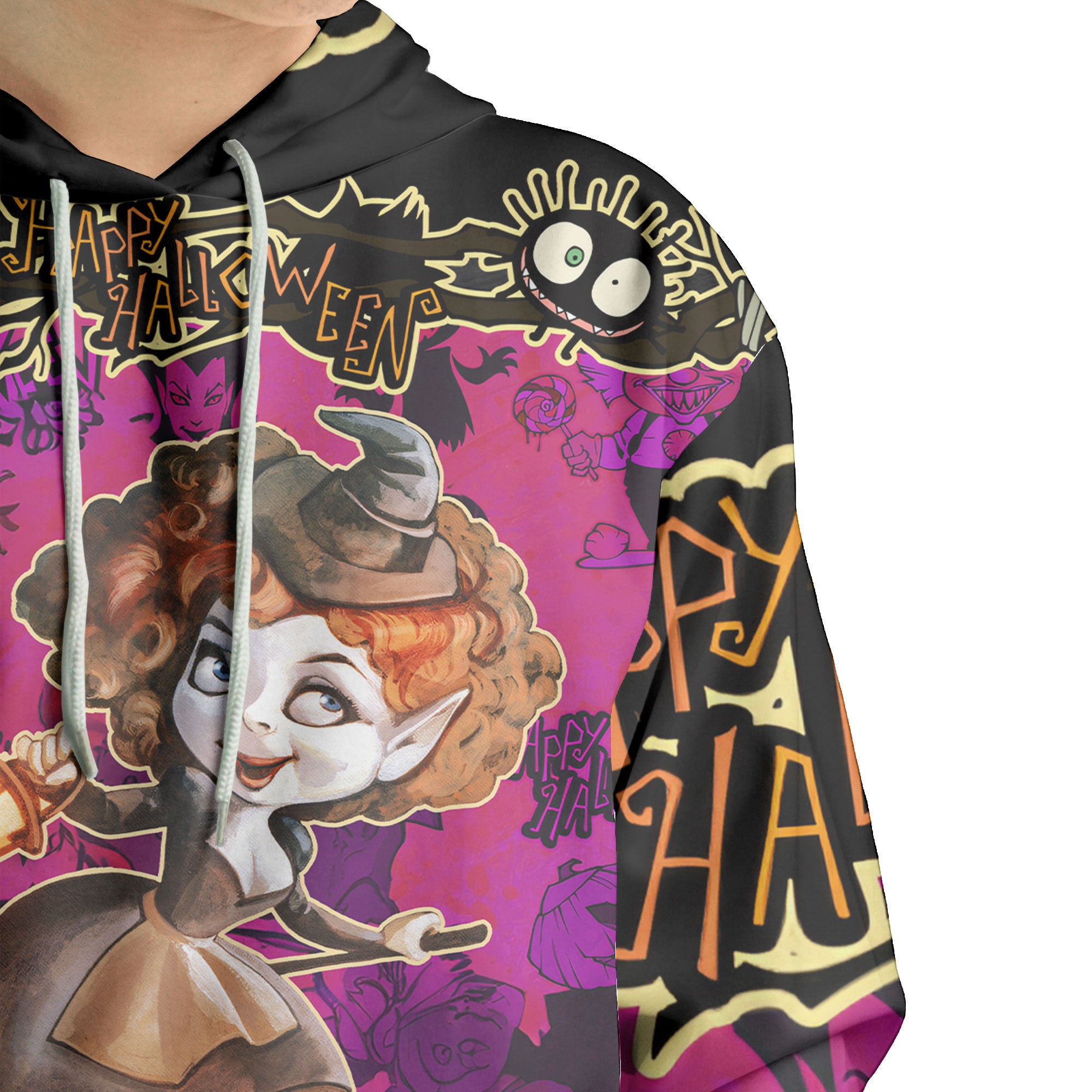 Cartoon Halloween Illustration Witch Purple Hoodie - HYPERFAVOR