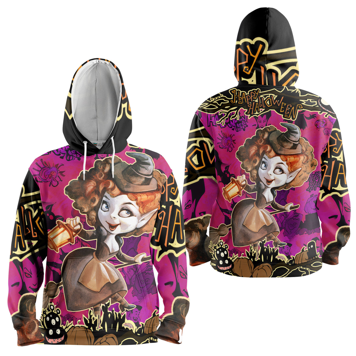 Cartoon Halloween Illustration Witch Purple Hoodie - HYPERFAVOR