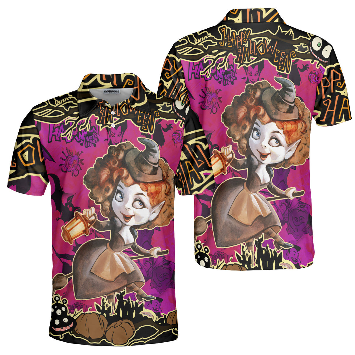 Cartoon Halloween Illustration Witch Purple Polo Shirt - HYPERFAVOR