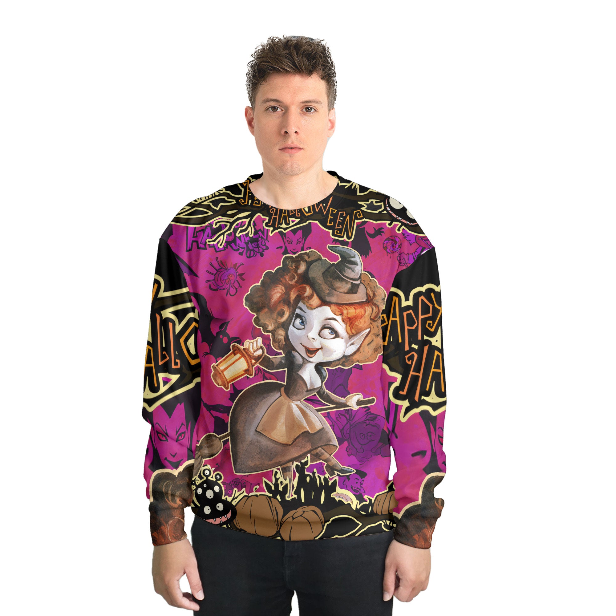 Cartoon Halloween Illustration Witch Purple Sweatshirt - HYPERFAVOR