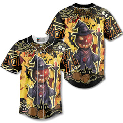 Cartoon Halloween Illustration Pumpkin Wizard Baseball Jersey - HYPERFAVOR