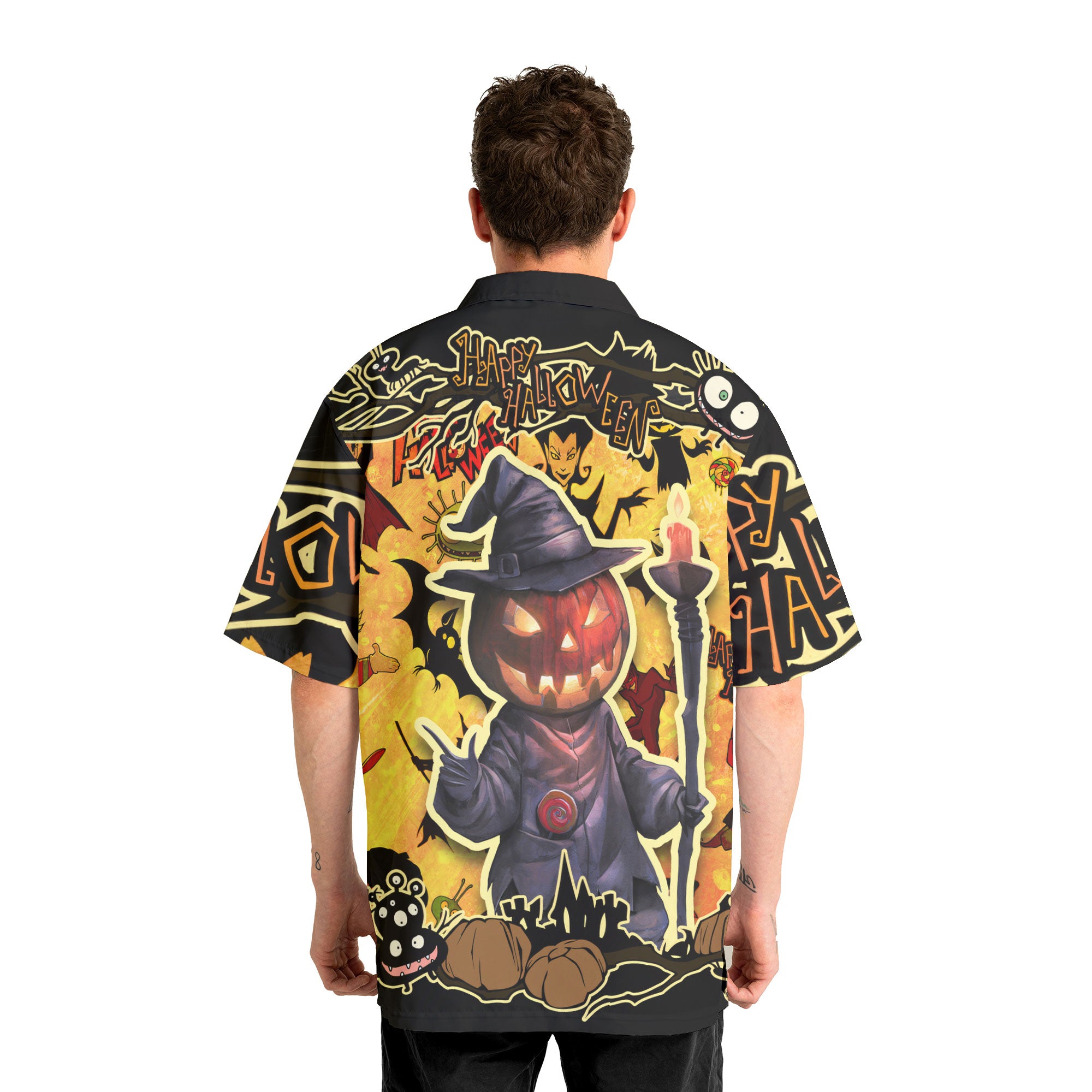 Cartoon Halloween Illustration Pumpkin Wizard Hawaiian Shirt - HYPERFAVOR