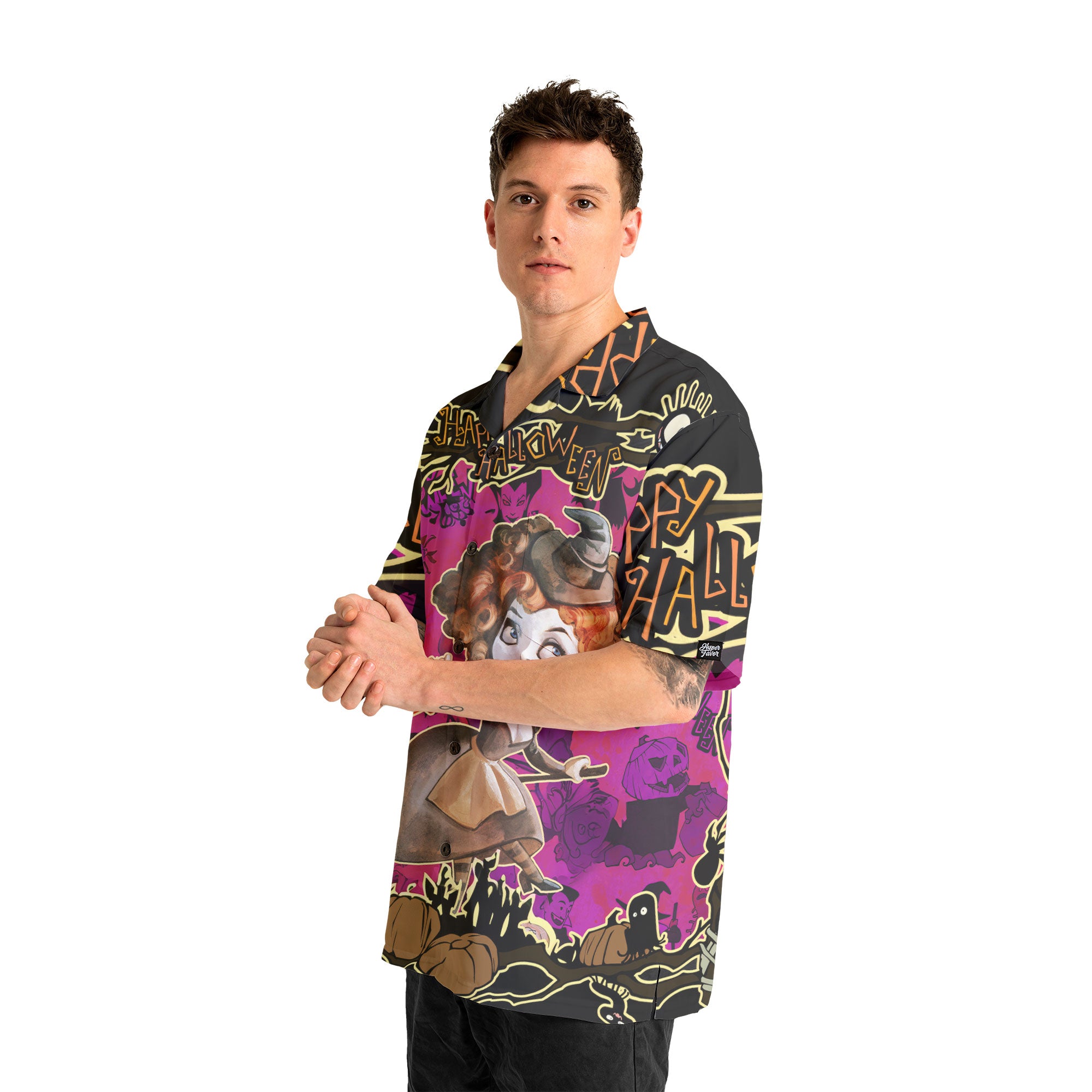 Cartoon Halloween Illustration Witch Purple Hawaiian Shirt - HYPERFAVOR